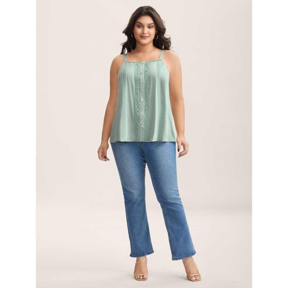 Plus Size Rayon Lace Trim Adjustable Straps Tank Top Women Greenbean Woven ribbon&lace trim Non Everyday-Elegant Tank Tops Camis BloomChic 14-16/1X Product Image