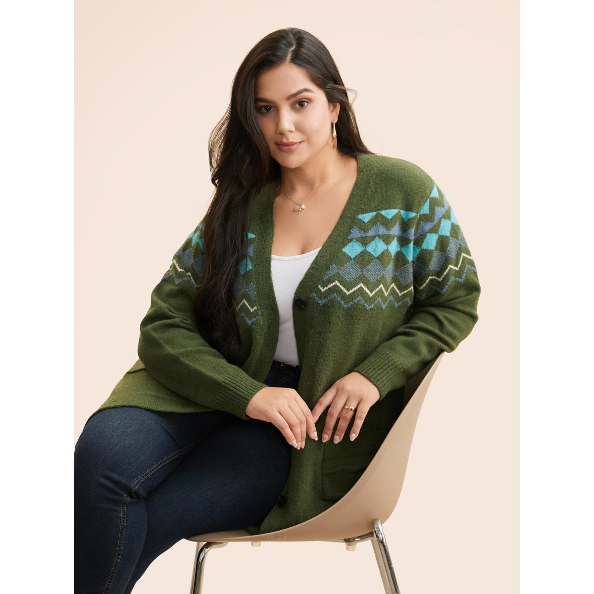 Plus Size Bandana Geometric Patch Pocket Cardigan Moss Women Casual Loose Long Sleeve Everyday Cardigans BloomChic 26/4X Product Image