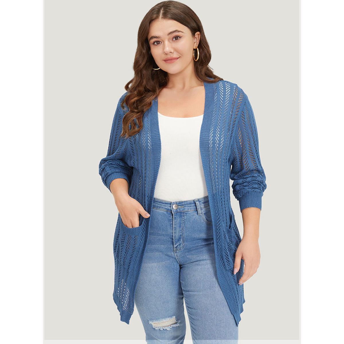 Plus Size Geometric Eyelet Patched Pocket Elastic Cuffs Cardigan Aegean Women Casual Loose Long Sleeve Everyday Cardigans BloomChic 18-20/2X Product Image