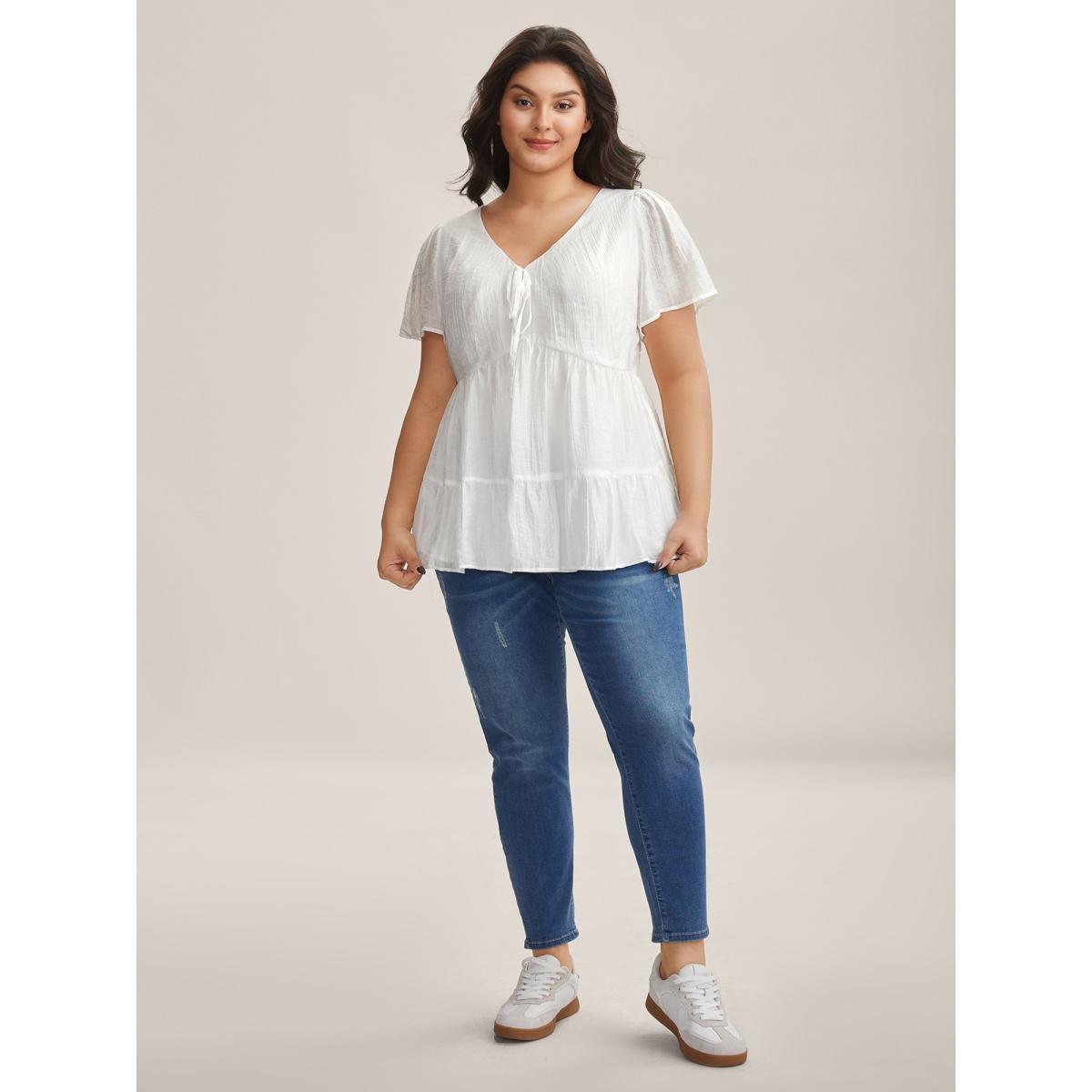 Plus Size Originalwhite Sheer V-Neck Tie Tiered Blouse Women Short sleeve V-neck Everyday-Casual Blouses BloomChic 22-24/3X Product Image
