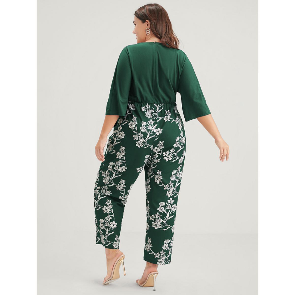 Plus Size DarkGreen Floral Print Button Dolman Sleeve Pocket Knotted Wrap Jumpsuit Women Elegant Half Sleeve V-neck Dailywear Loose Jumpsuits BloomChic 28/5X Product Image