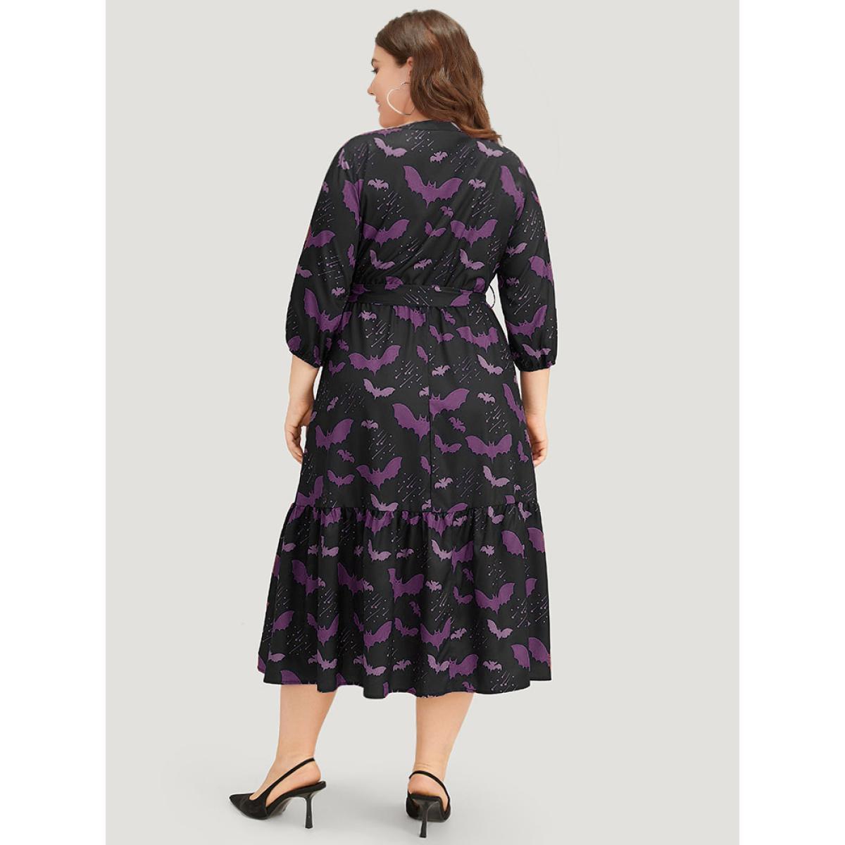 Plus Size Halloween Bat Print Notched Belted Pocket Dress Purple Women Office Elastic cuffs Notched collar Elbow-length sleeve Curvy Midi Dress BloomChic 18-20/2X Product Image