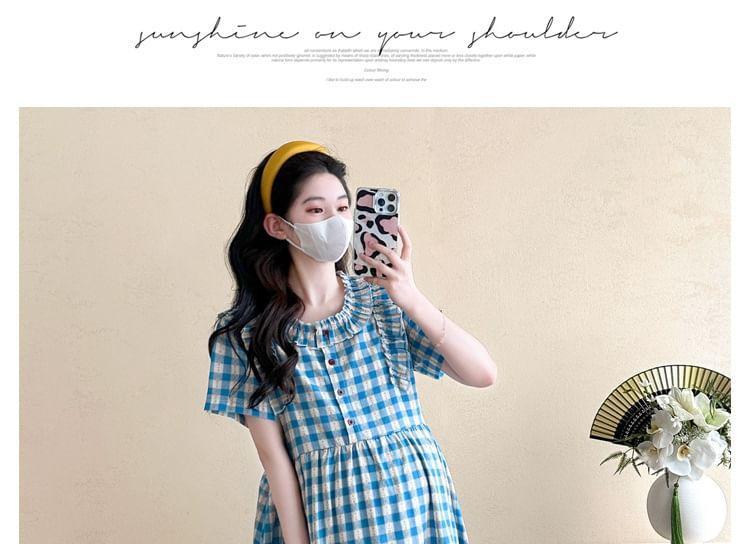 Maternity Round Neck Plaid Ruffle Trim Midi A-Line Dress Product Image