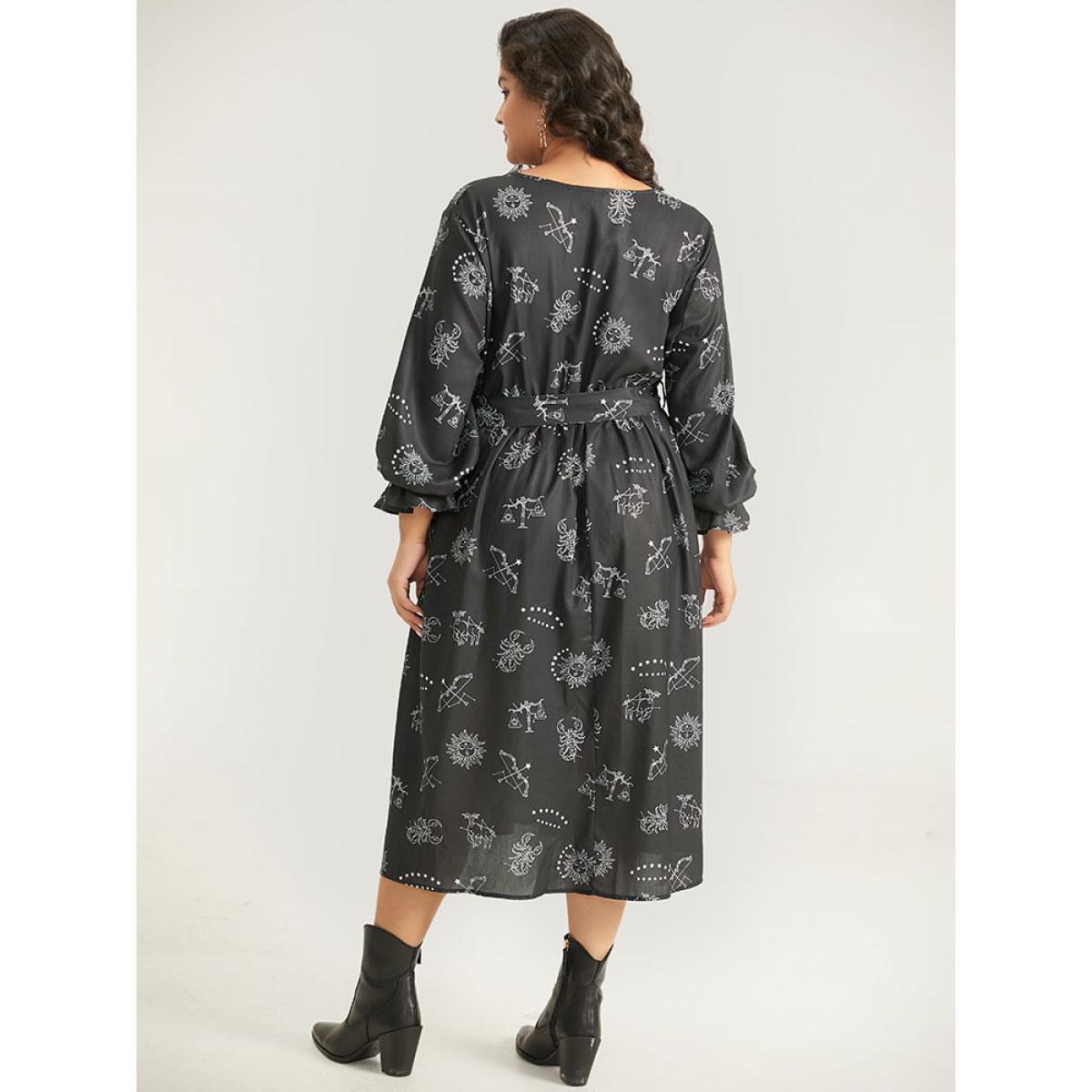 Plus Size Halloween Print Belted Pocket Wrap Split Hem Dress Black Women Elegant Elastic cuffs V-neck Long Sleeve Curvy Midi Dress BloomChic 18-20/2X Product Image