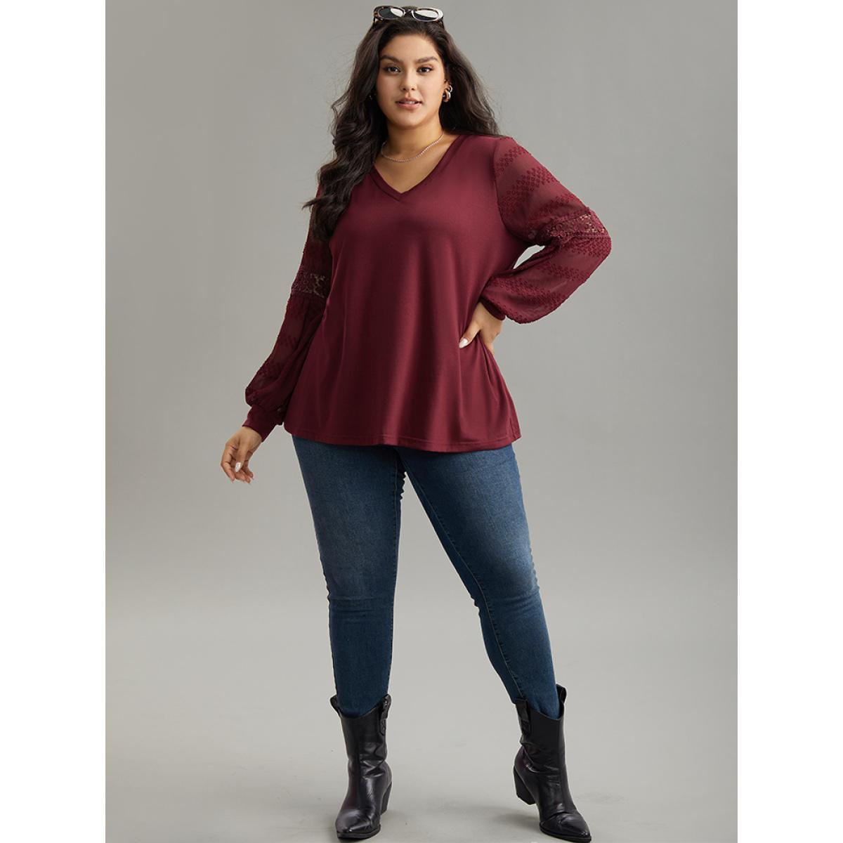 Plus Size Supersoft Essentials Solid Guipure Lace Cut Out T-shirt Burgundy Women Elegant Elastic cuffs Plain V-neck Dailywear T-shirts BloomChic 26/4X Product Image