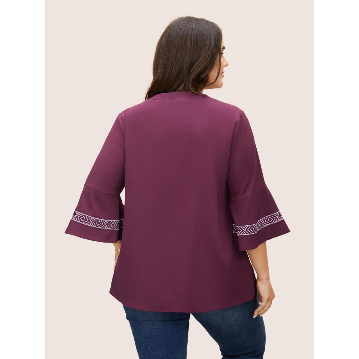 Plus Size Plum Boho Print Embroidered Gathered Notched Blouse Women Resort Half Sleeve Flat collar with V-notch Vacation Blouses BloomChic 30/6X Product Image