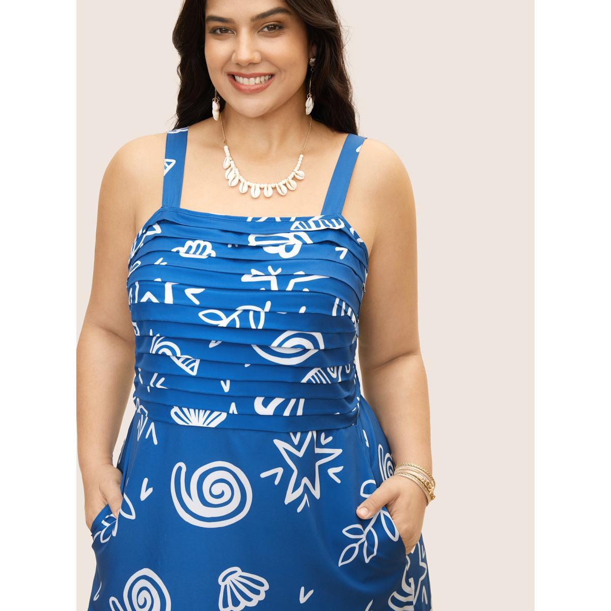 Plus Size Marine Elements Pleated Slit Hem Dress Mediumblue Women Resort Pleated Square Neck Sleeveless Curvy BloomChic 22-24/3X Product Image