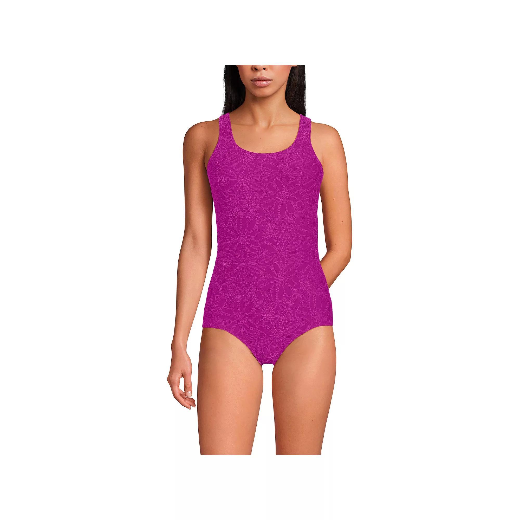 Women's Lands' End Tugless Low Leg Lace One-Piece Swimsuit, Size: 10, Red Rose Product Image
