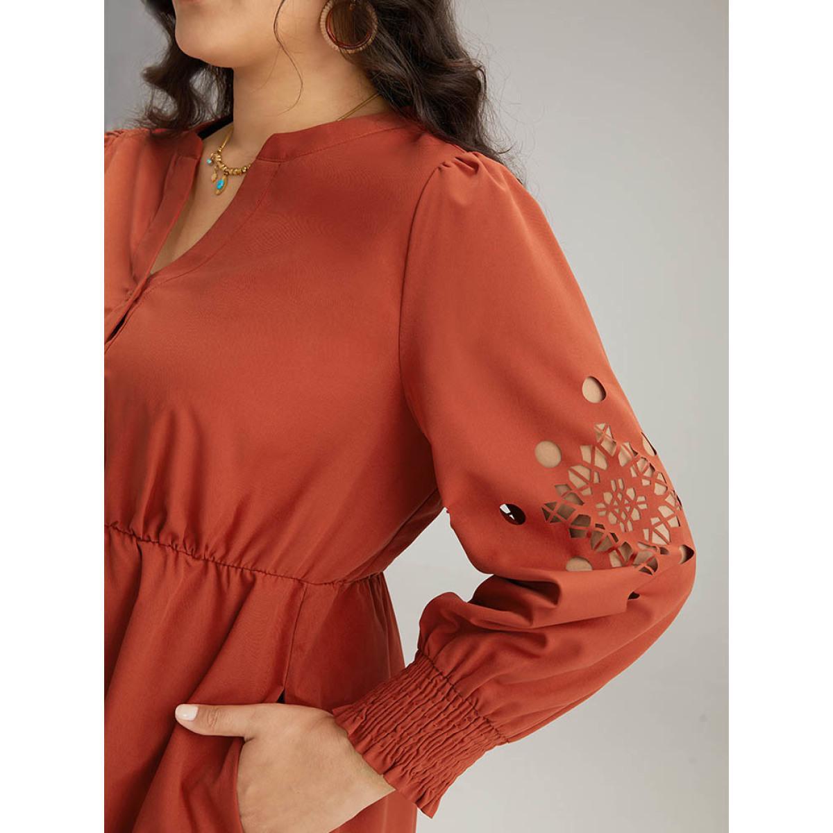 Plus Size Plain Shirred Button Up Laser Cut Dress Maroon Women Vacation Plain Notched collar Long Sleeve Curvy Midi Dress BloomChic 18-20/2X Product Image