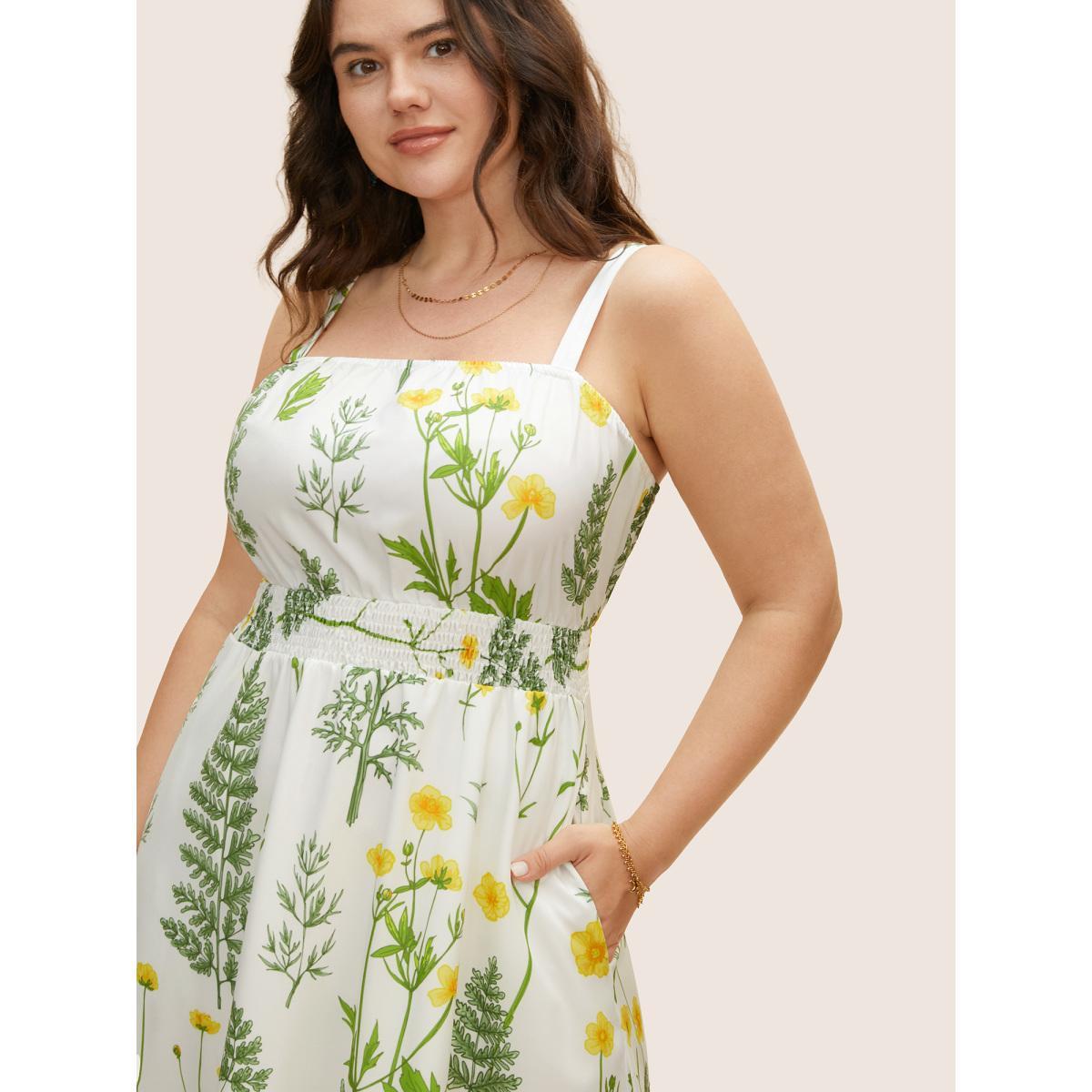 Plus Size Square Neck Boho Print Adjustable Straps Dress Ivory Women Elegant Woven ribbon&lace trim Square Neck Sleeveless Curvy BloomChic 18-20/2X Product Image