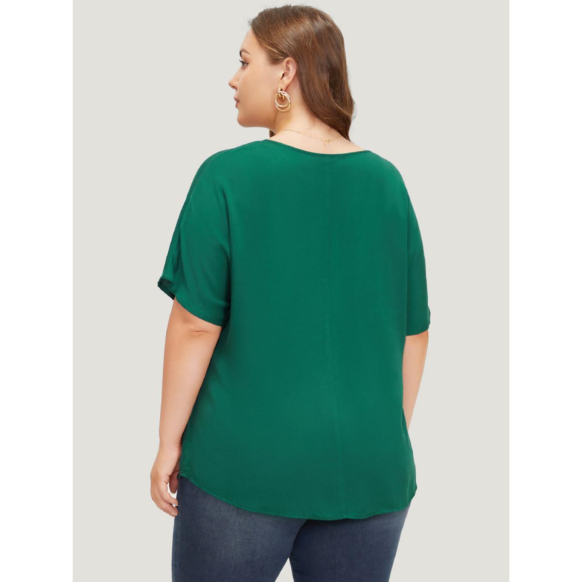 Plus Size ArmyGreen Plain Plicated Detail Batwing Sleeve Curved Hem Blouse Women Office Short sleeve V-neck Work Blouses BloomChic 12/L Product Image