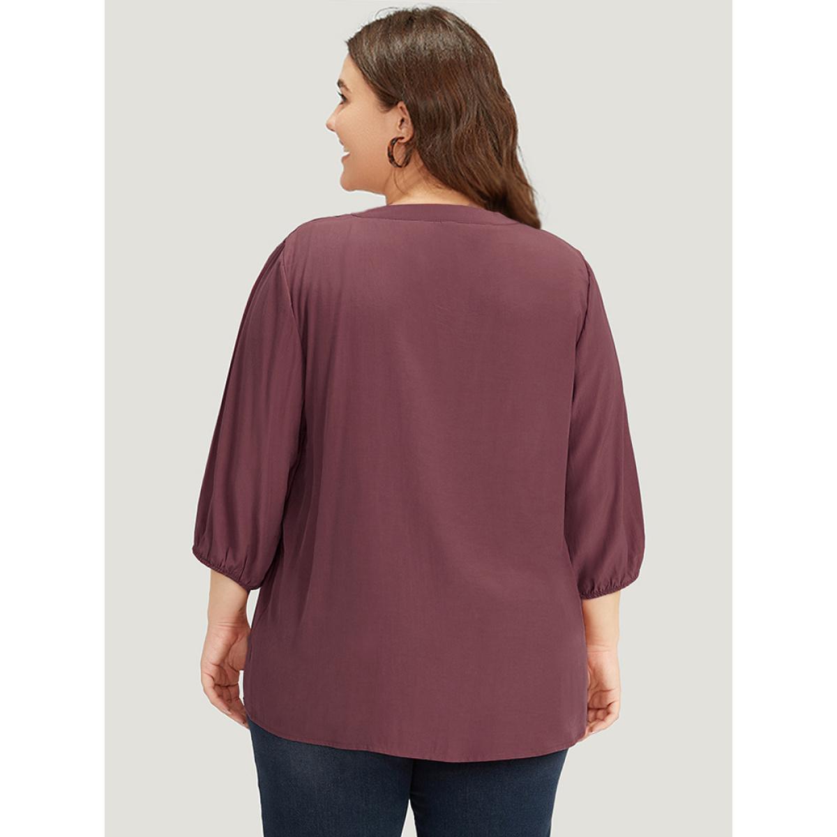 Plus Size Scarlet Plain Notched Button Through Elastic Cuffs Shirred Blouse Women Office Elbow-length sleeve V-neck Work Blouses BloomChic 14-16/1X Product Image
