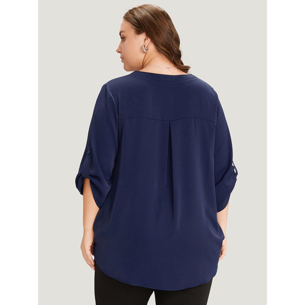 Plus Size Indigo Solid Button Up Notched Crossover Hem Blouse Women Office Elbow-length sleeve Notched collar Work Blouses BloomChic 30/6X Product Image