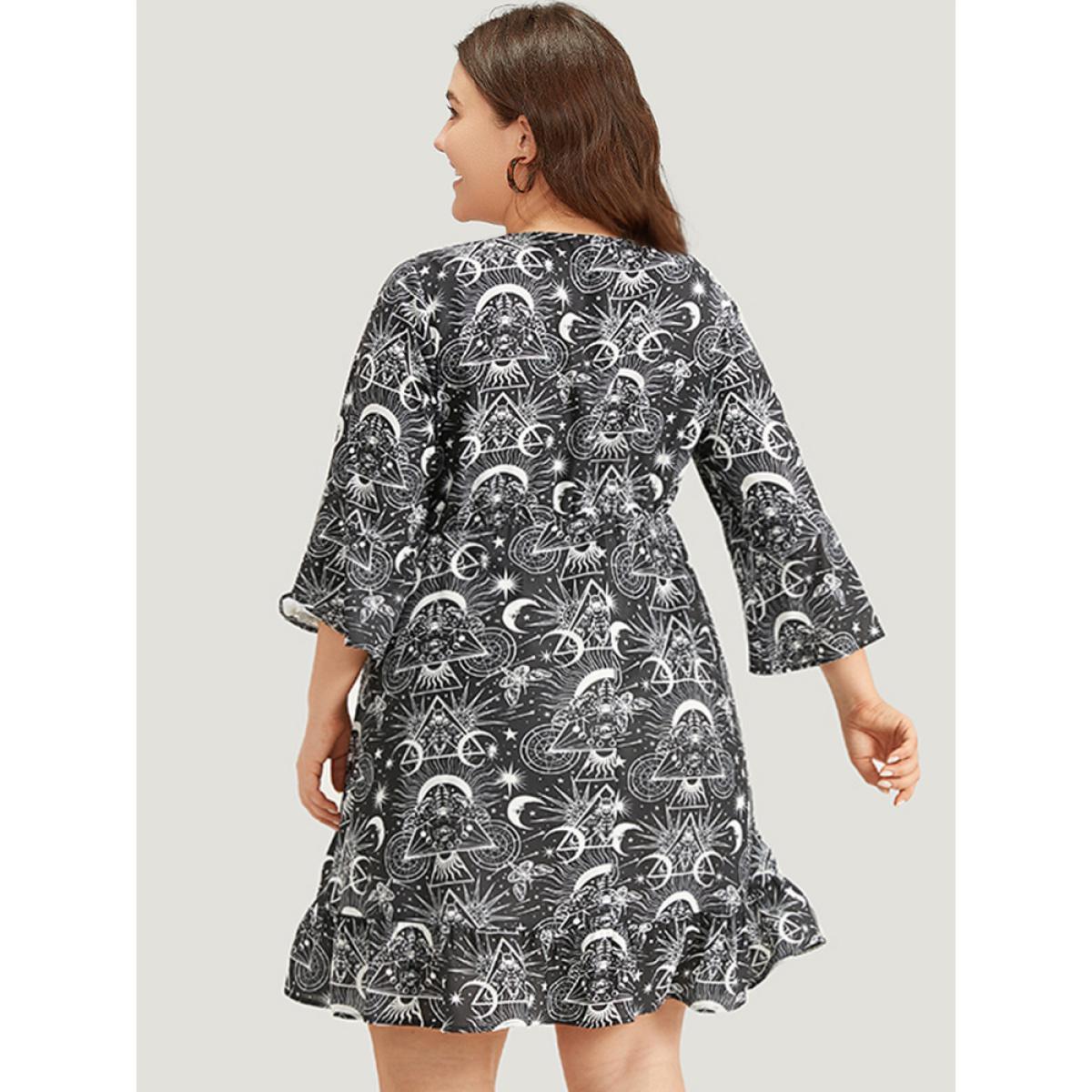 Plus Size Halloween Moon & Star Lace Up Pocket Bell Sleeve Dress Black Women Office Cross straps Round Neck Elbow-length sleeve Curvy Knee Dress BloomChic 22-24/3X Product Image