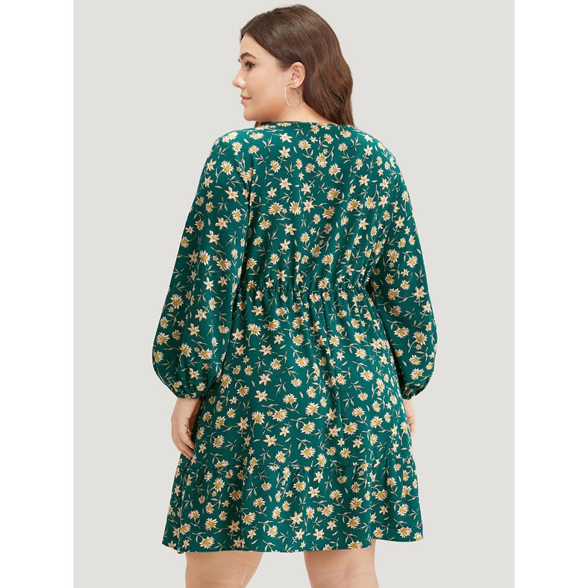 Plus Size Floral Print Surplice Neck Elastic Cuffs Dress Teal Women Elegant Elastic cuffs V-neck Long Sleeve Curvy Midi Dress BloomChic 30/6X Product Image