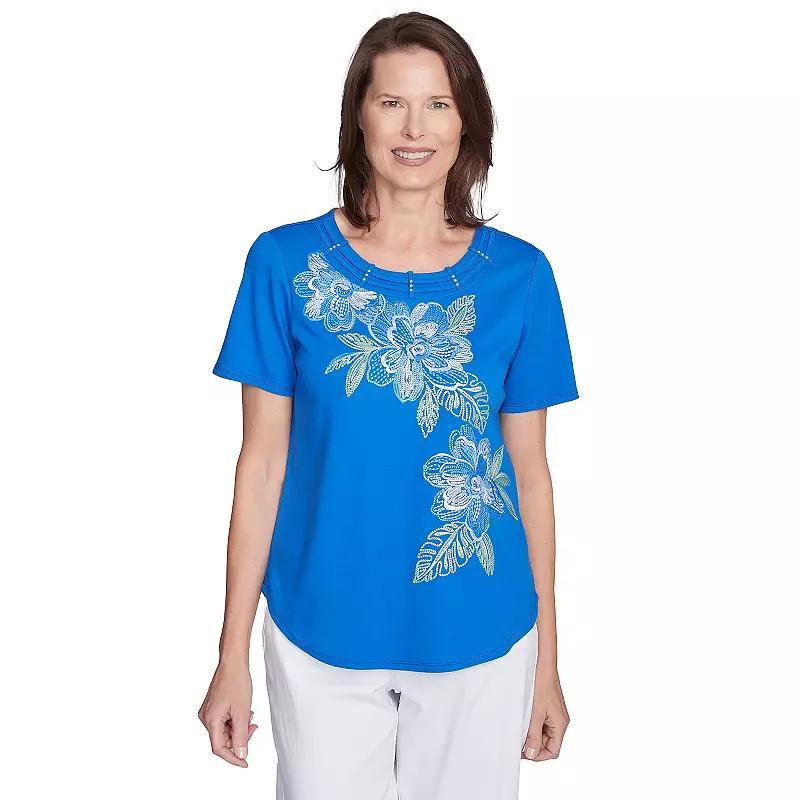 Petite Alfred Dunner Tropical Floral Embroidered Tee, Women's, Size: Medium Petite, Blue Product Image