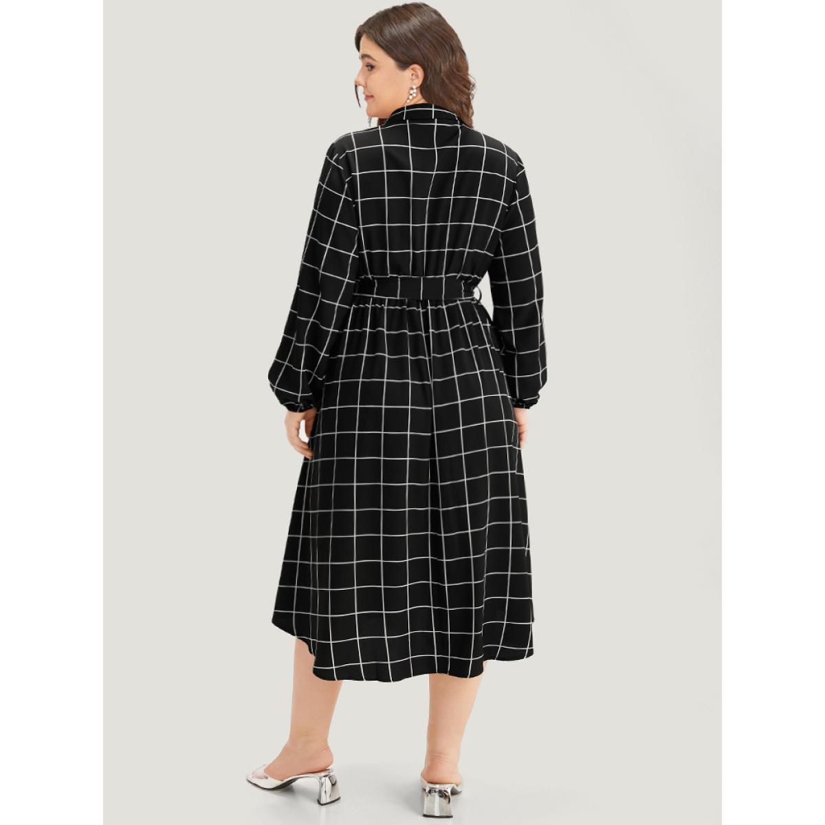 Plus Size Plaid Shirt Collar Belted Lantern Sleeve Dress Black Women At the Office Elastic cuffs Shirt collar Long Sleeve Curvy Midi Dress BloomChic 26/4X Product Image