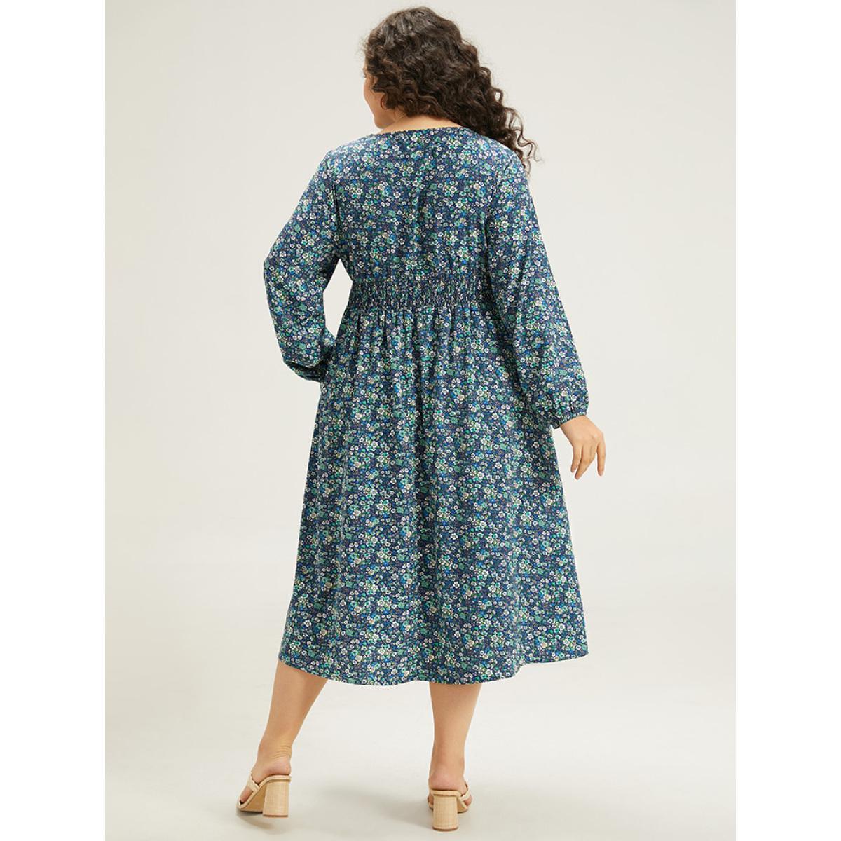 Plus Size Ditsy Floral Wrap Shirred Pocket Lantern Sleeve Dress Indigo Women Elegant Elastic cuffs V-neck Long Sleeve Curvy Midi Dress BloomChic 10/M Product Image