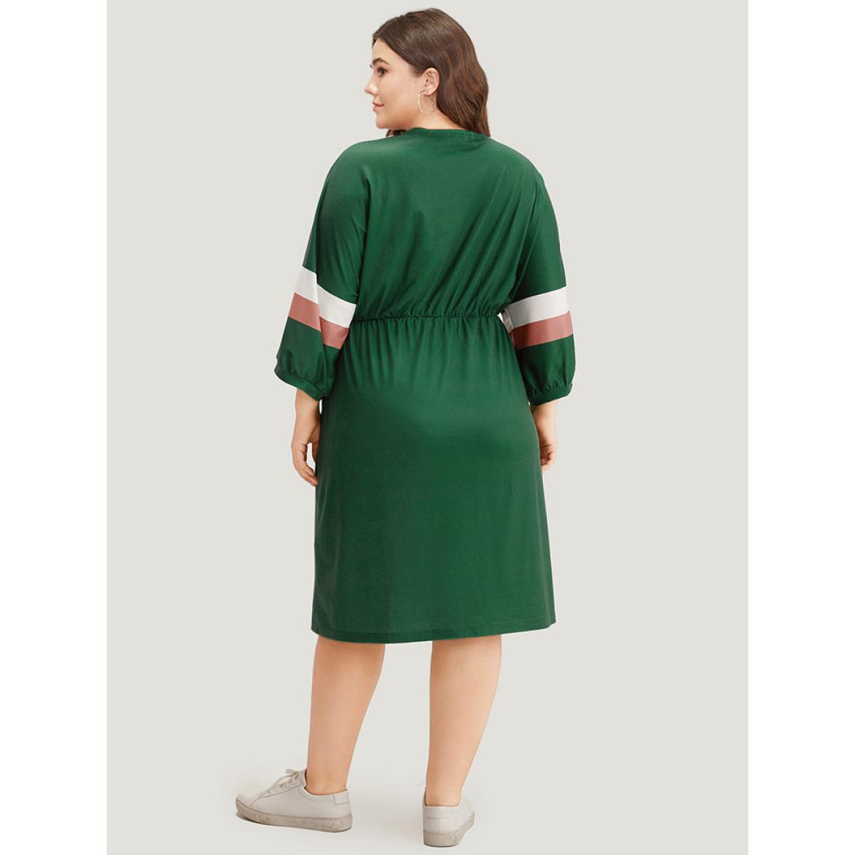 Plus Size Striped Contrast Pocket Bowknot Patchwork Dress DarkGreen Women Casual Cross straps Round Neck Elbow-length sleeve Curvy Midi Dress BloomChic 30/6X Product Image