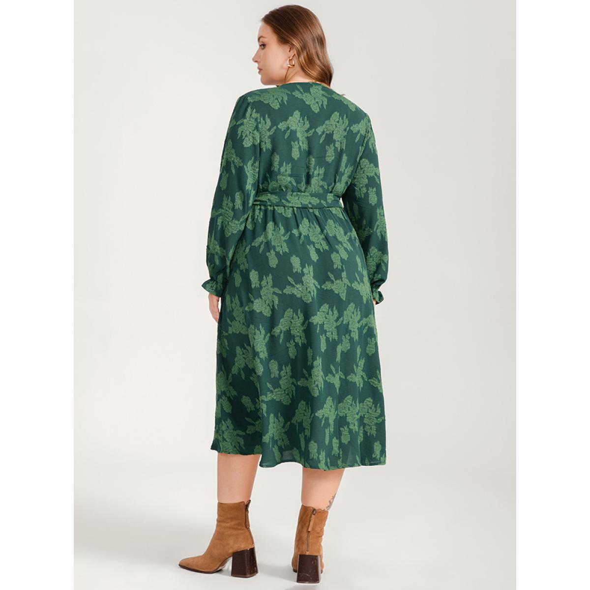 Plus Size Floral Print Lantern Sleeve Pocket Belted Midi Dress Green Women Elegant Pocket V-neck Long Sleeve Curvy Midi Dress BloomChic 12/L Product Image