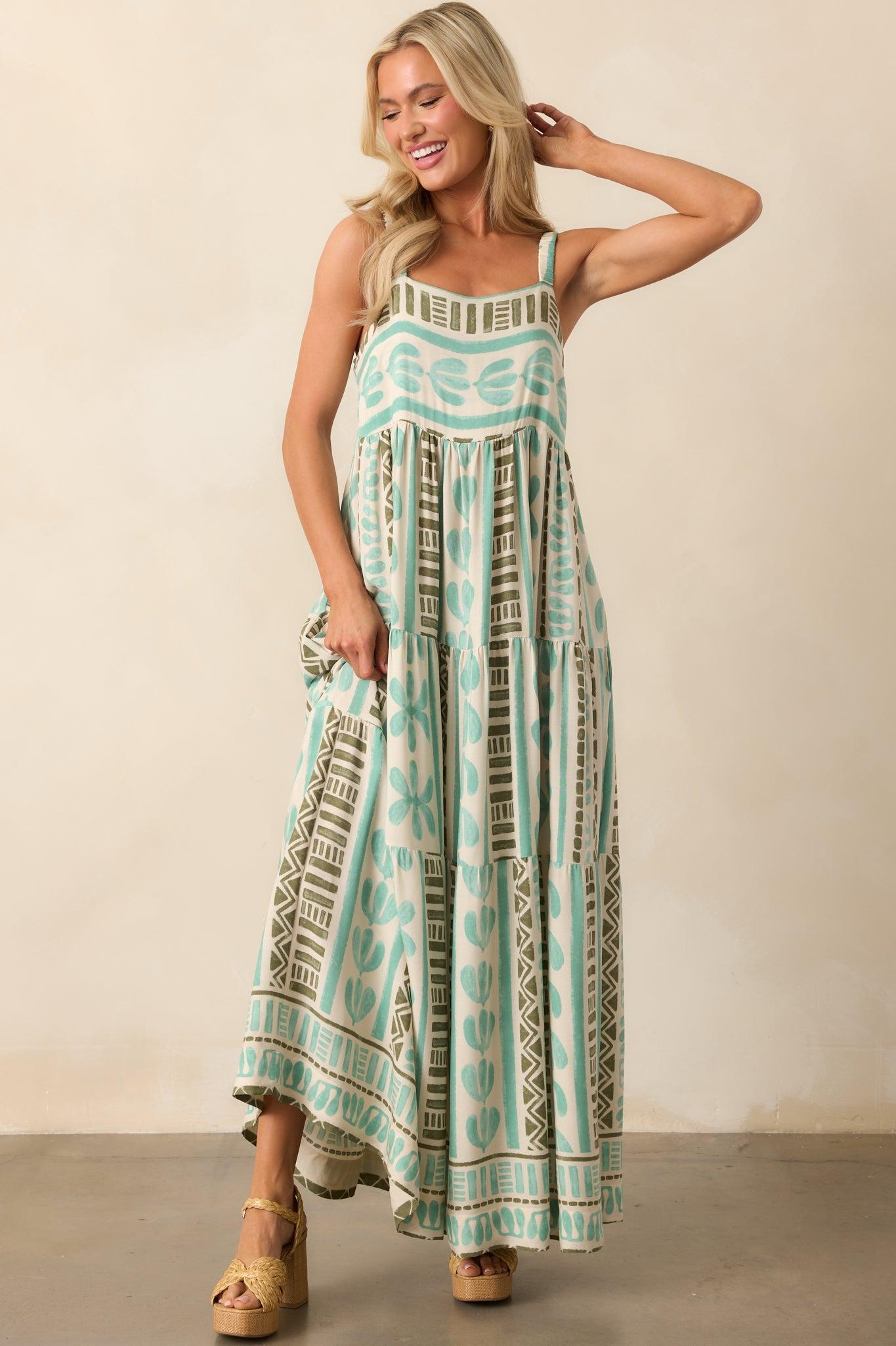 Just The Beginning Seafoam Green Tropical Print Maxi Dress Product Image