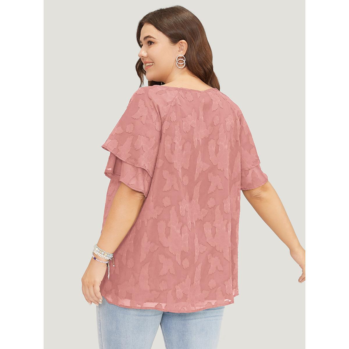 Plus Size Rouge Floral Print Ruffle Tiered Raglan Sleeve Mesh Blouse Women Elegant Short sleeve Round Neck Everyday Blouses BloomChic 12/L Product Image