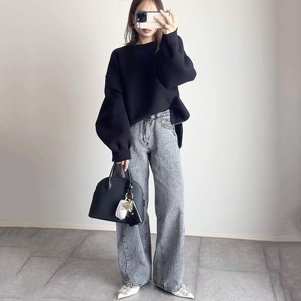 Long-Sleeve Notch Neck Plain Zip Slit Tee Product Image