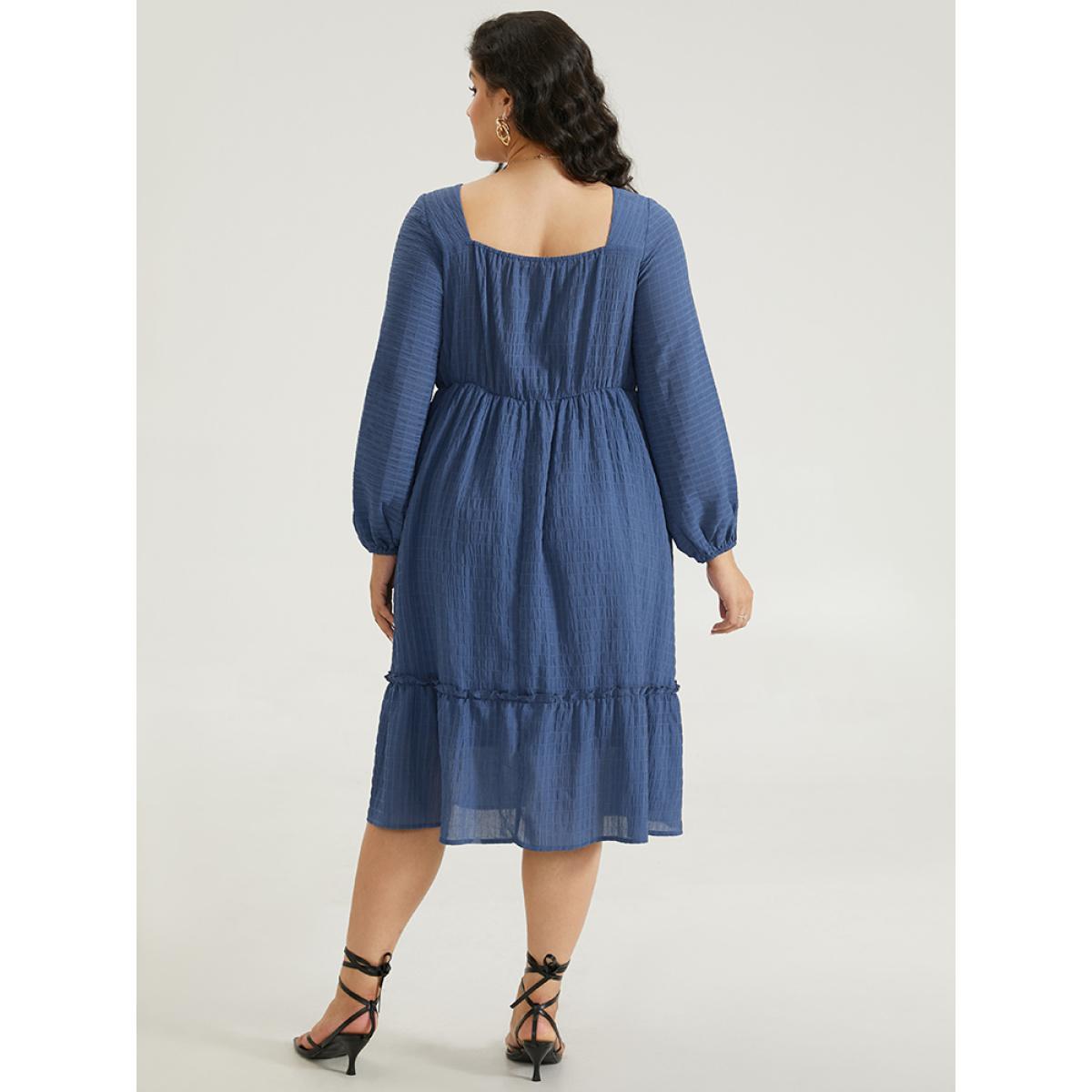 Plus Size Solid Plisse Ties Frill Trim Ruched Dress Cerulean Women Elegant Elastic cuffs Tie Neck Long Sleeve Curvy Midi Dress BloomChic 30/6X Product Image