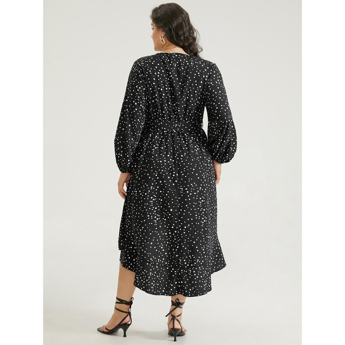 Plus Size Polka Dot Wrap Ruffle Trim High Low Hem Dress Black Women Elegant Elastic cuffs V-neck Long Sleeve Curvy Knee Dress BloomChic 28/5X Product Image