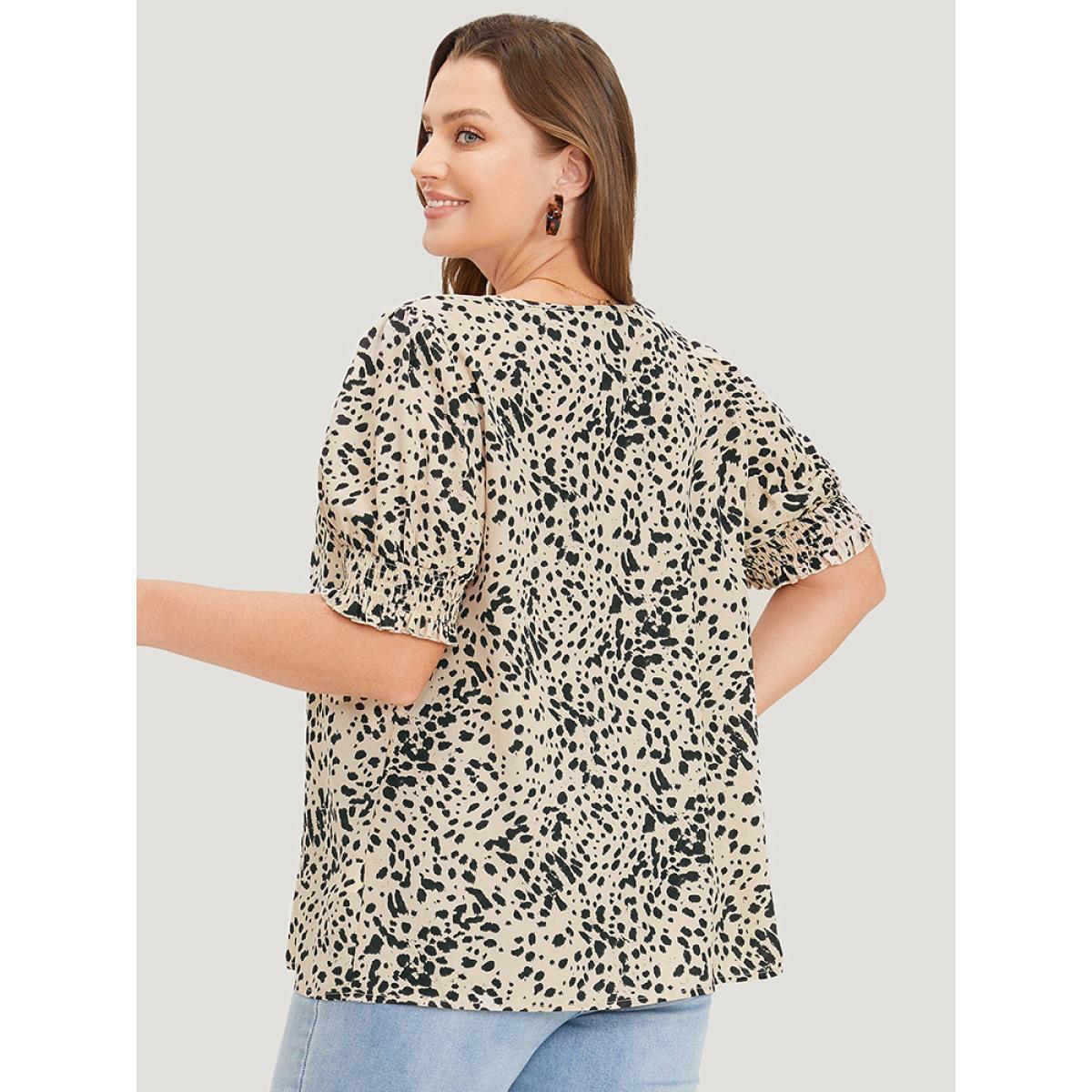 Plus Size Apricot Polka Dot Button Detail Shirred Puff Sleeve Blouse Women Elegant Short sleeve V-neck Dailywear Blouses BloomChic 26/4X Product Image