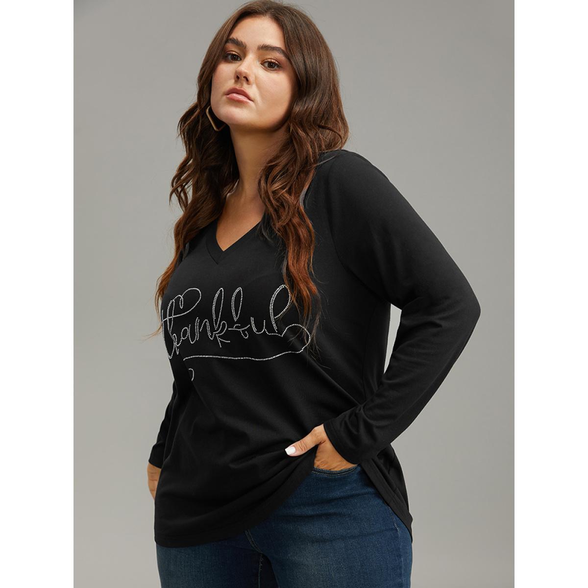 Plus Size Letter Rhinestone V Neck T-shirt Black Women Casual Printed Positive slogan Dailywear T-shirts BloomChic 10/M Product Image