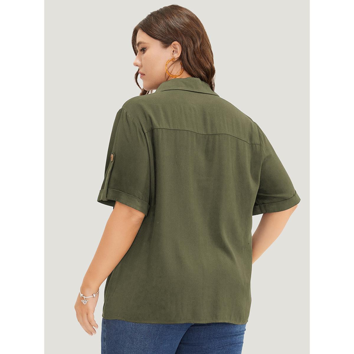 Plus Size ArmyGreen Solid Button Up Roll Sleeve Knotted Hem Blouse Women Office Short sleeve Shirt collar Dailywear Blouses BloomChic 14-16/1X Product Image