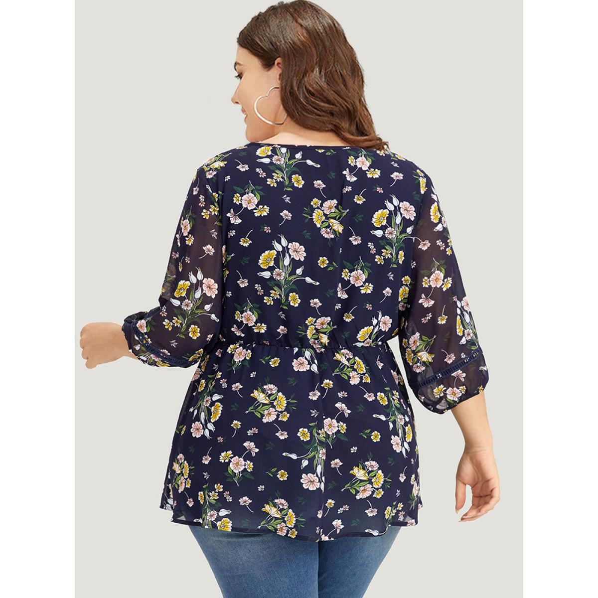 Plus Size Indigo Floral Print V Neck Guipure Lace Mesh Lantern Sleeve Blouse Women Elegant Elbow-length sleeve V-neck Dailywear Blouses BloomChic 10/M Product Image