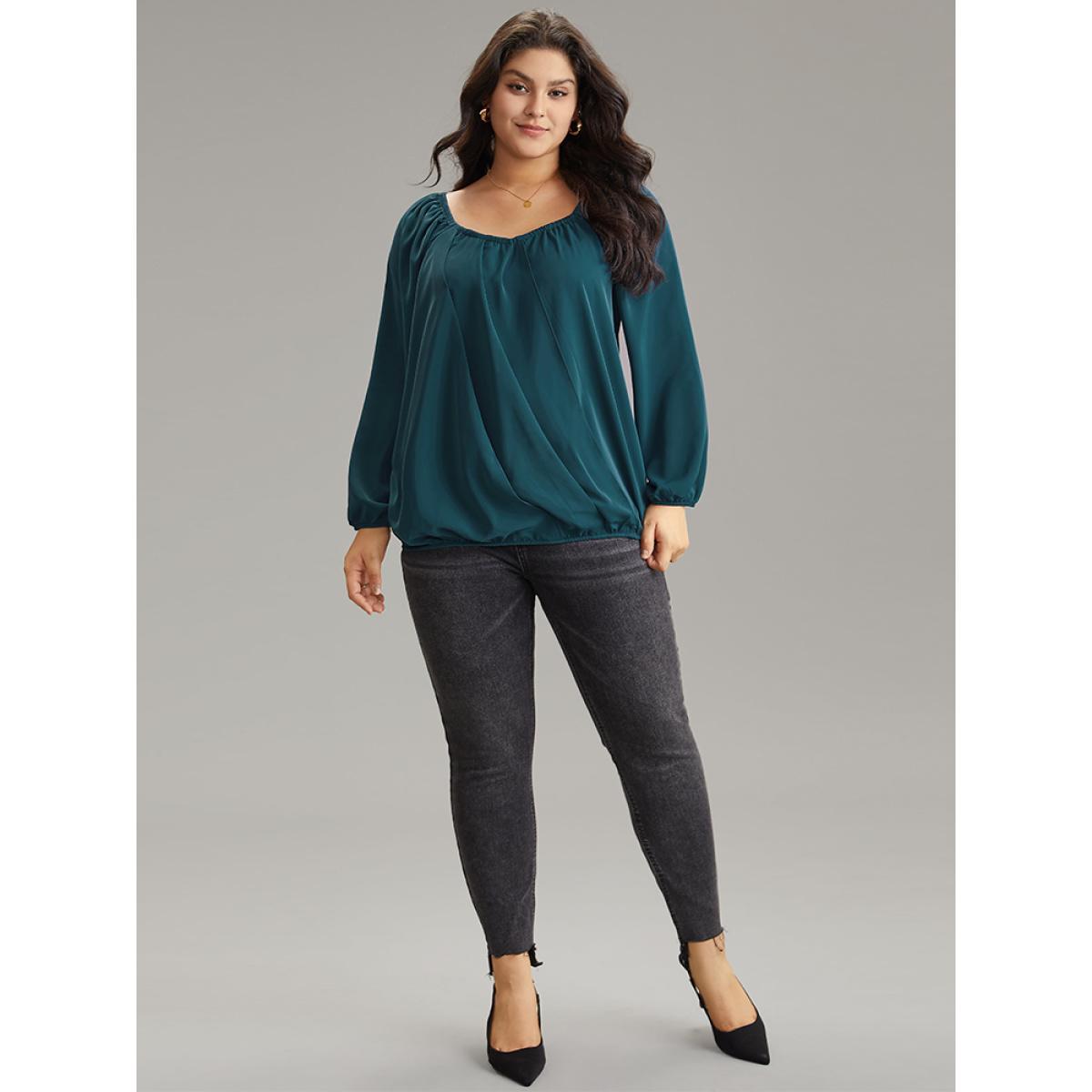 Plus Size Aegean Static-Free Solid Lantern Sleeve Plicated Detail Blouse Women Elegant Long Sleeve Square Neck Work Blouses BloomChic 30/6X Product Image