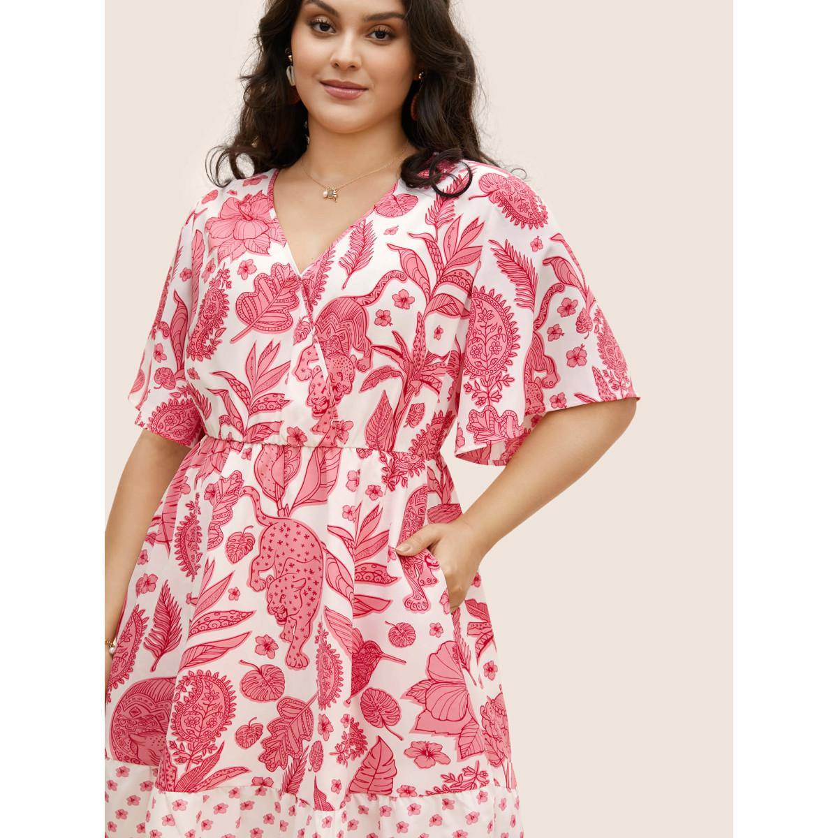 Plus Size Overlap Collar Boho Print Patchwork Dress Salmon Women Resort Patchwork Overlap Collar Half Sleeve Curvy BloomChic 18-20/2X Product Image
