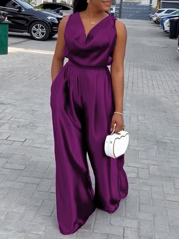 Loose Sleeveless Solid Color Deep V-Neck Jumpsuits Product Image