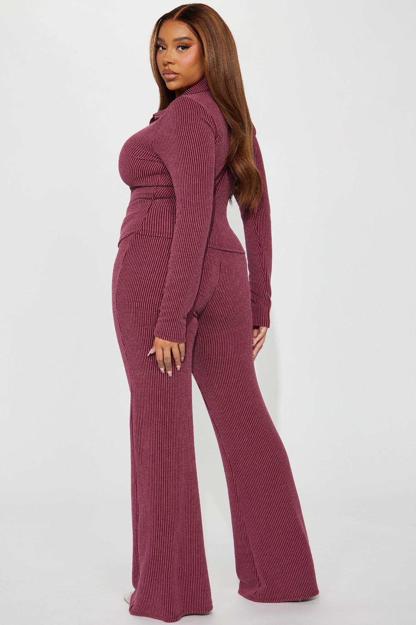 Josie Ribbed Long Sleeve Set - Burgundy Product Image