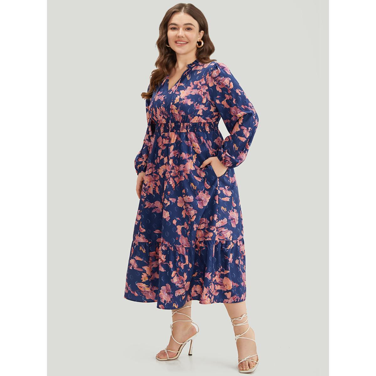 Plus Size Floral Print Shirred Frill Trim Ties Dress DarkBlue Women Elegant Elastic cuffs Tie Neck Long Sleeve Curvy Midi Dress BloomChic 12/L Product Image