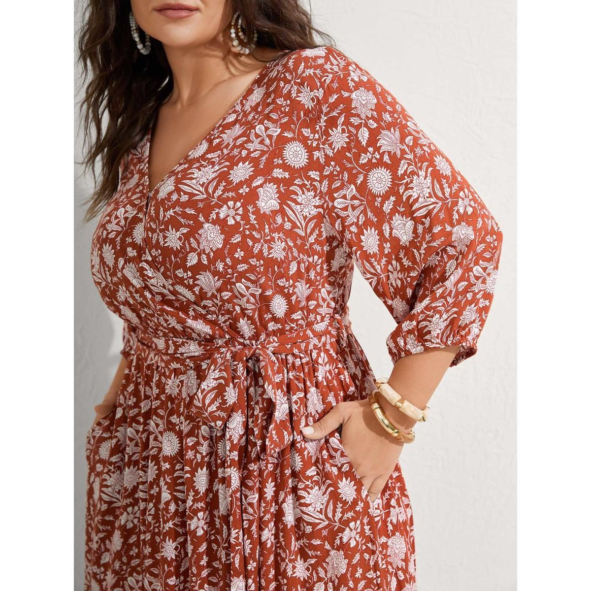 Plus Size Rayon Silhouette Flower Side-Tie Midi Dress Coral Women Overlap Collar Elbow-length sleeve Curvy BloomChic 30/6X Product Image