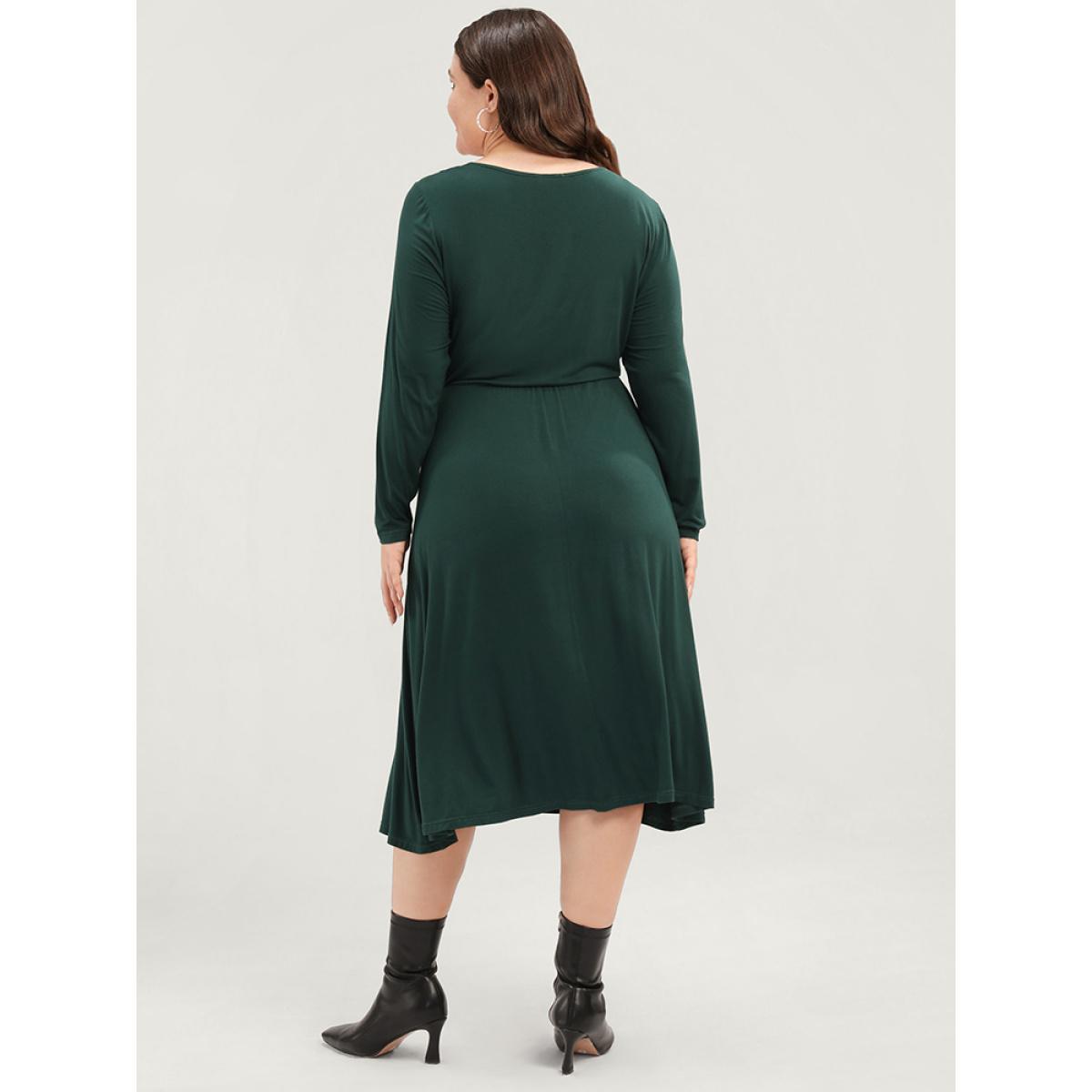 Plus Size Solid Pocket Gathered V Neck Midi Dress Without Belt ArmyGreen Women Elegant Gathered V-neck Long Sleeve Curvy Midi Dress BloomChic 26/4X Product Image