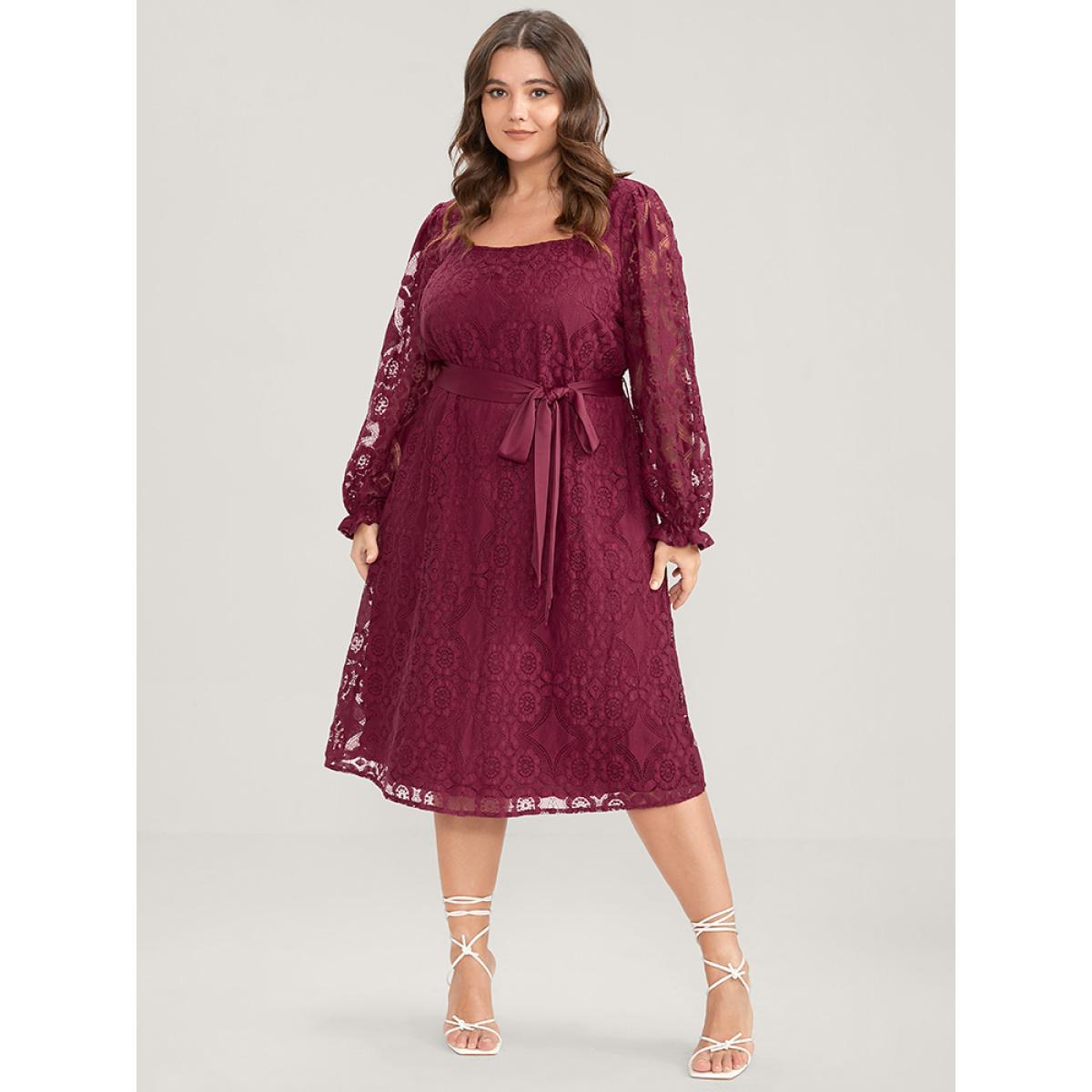 Plus Size Solid Square Neck Lantern Sleeve Belted Lace Dress Scarlet Women Glamour Belted Square Neck Long Sleeve Curvy Midi Dress BloomChic 12/L Product Image