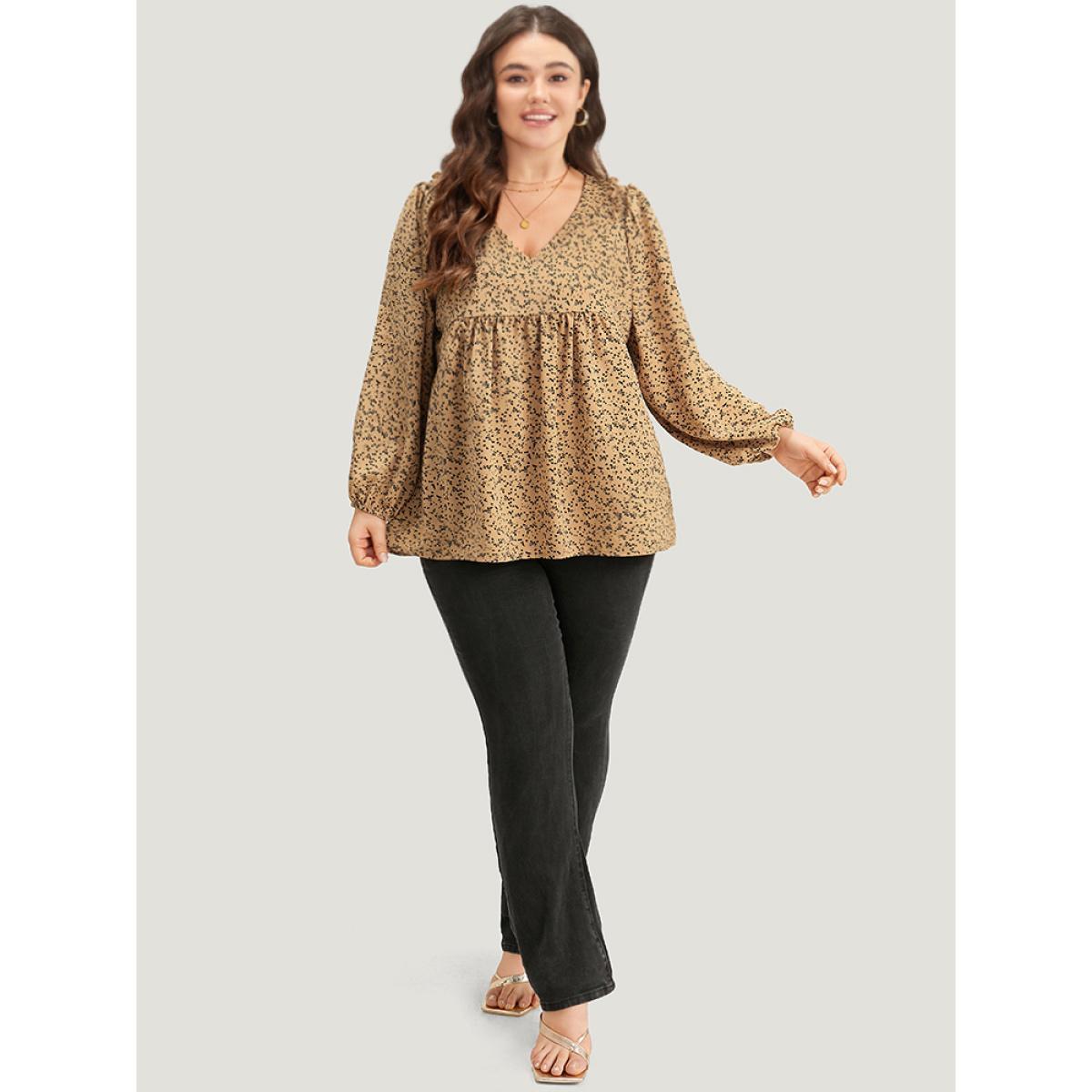 Plus Size LightBrown Ditsy Floral Shirred V Neck Frill Trim Blouse Women Elegant Long Sleeve V-neck Dailywear Blouses BloomChic 10/M Product Image