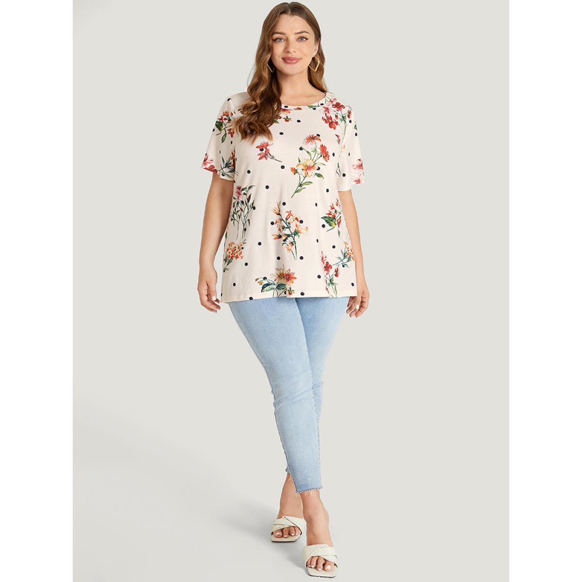 Plus Size Floral & Polka Dot Round Neck T-shirt Beige Women Elegant Floral Round Neck Dailywear T-shirts BloomChic 14-16/1X Product Image