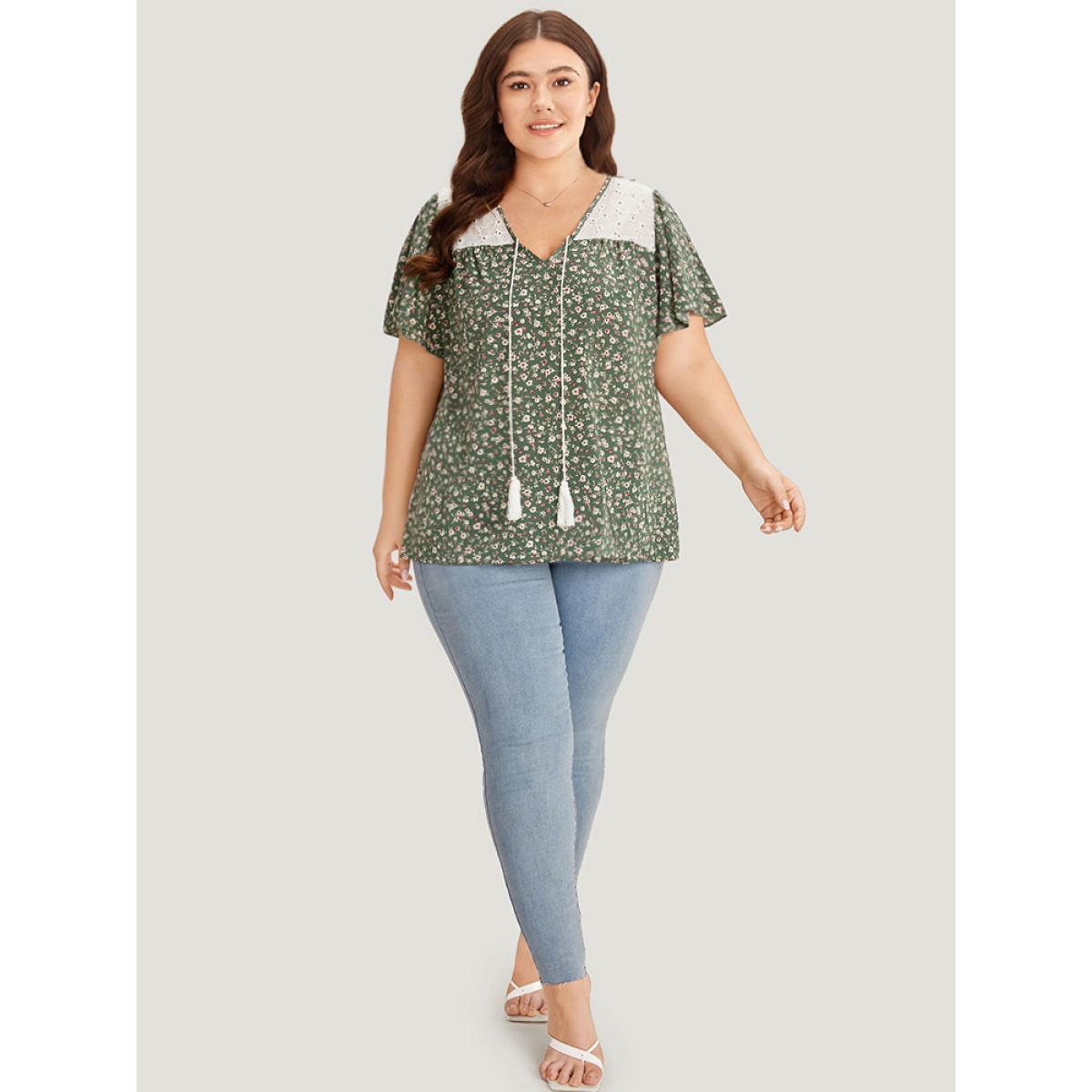 Plus Size ArmyGreen Ditsy Floral Patchwork Tassels Ties Flutter Sleeve Blouse Women Elegant Short sleeve V-neck Dailywear Blouses BloomChic 22-24/3X Product Image
