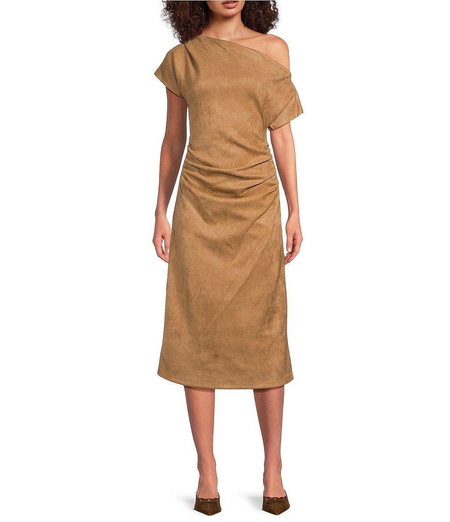 Gibson & Latimer Faux Suede Asymmetric One Shoulder Off-the-Shoulder Ruched Sheath Midi Suede Dress Product Image