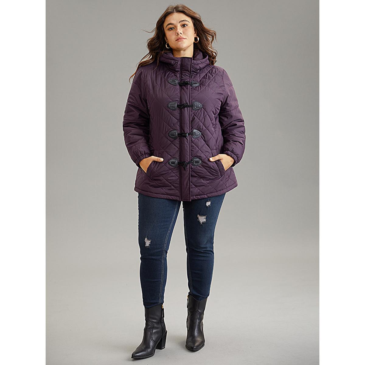Plus Size Quilted Duffle Button Hooded Pocket Cotton Jacket Women Eggplant Casual Quilting Ladies Dailywear Winter Coats BloomChic 12/L Product Image
