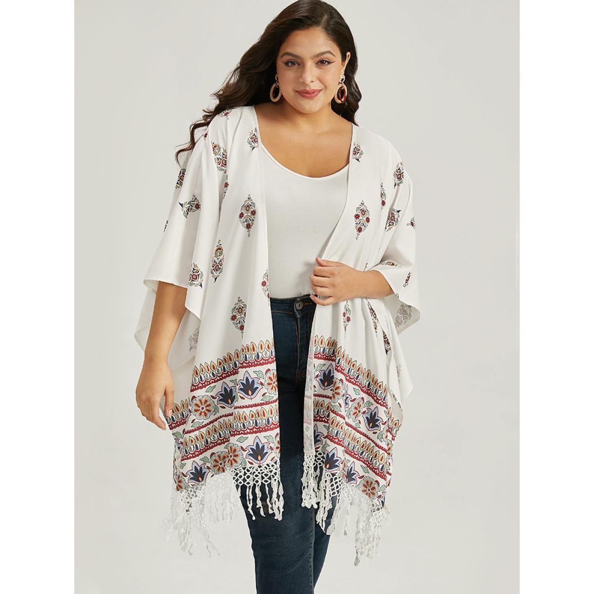 Plus Size Boho Print Asymmetrical Hem Tassel Trim Drape Kimono Women Ivory Casual Drape Loose Dailywear Kimonos BloomChic 22-24/3X Product Image