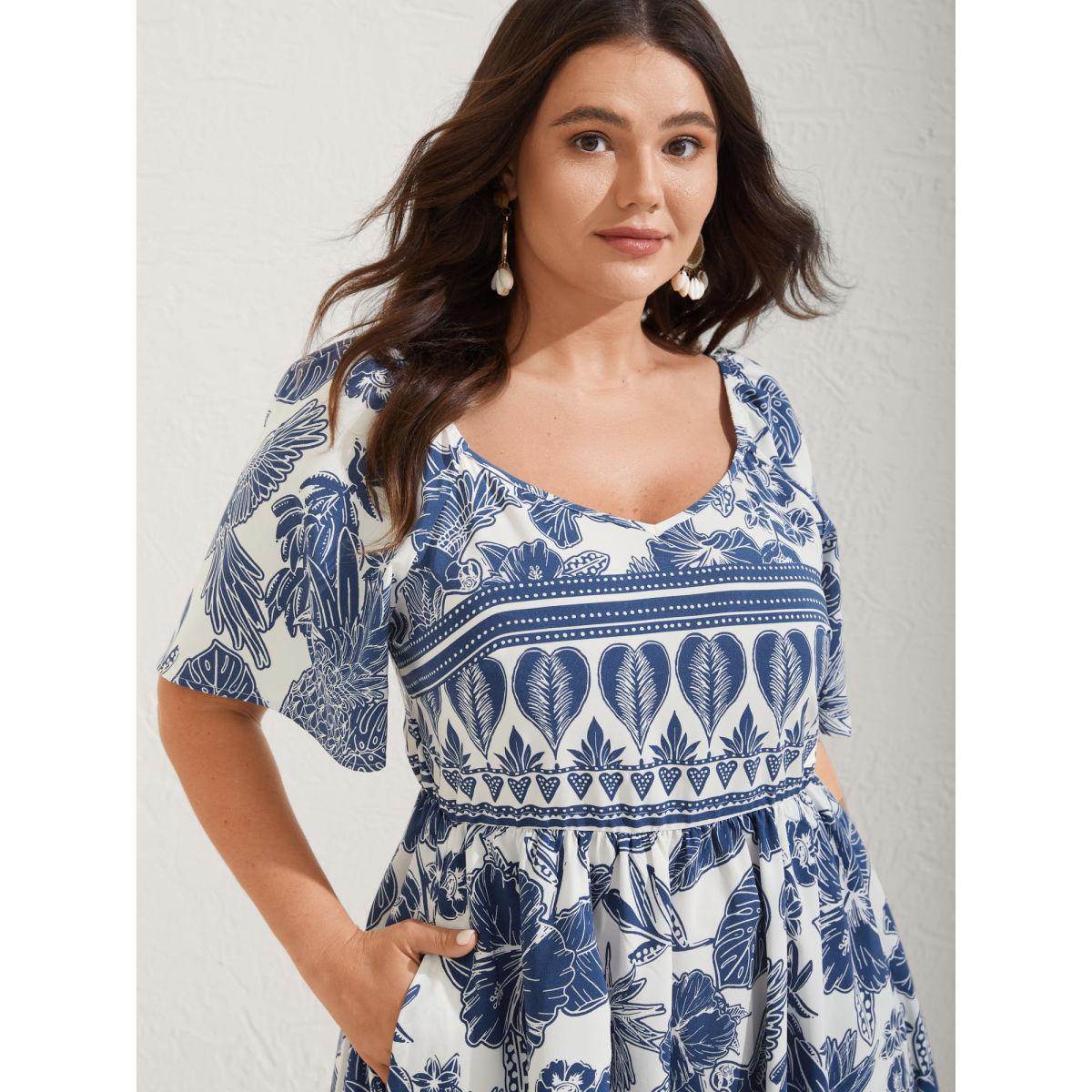 Plus Size Boho Print Fit Flare Pockets Midi Dress DarkBlue Women Resort Non Heart neckline Short sleeve Curvy BloomChic 30/6X Product Image