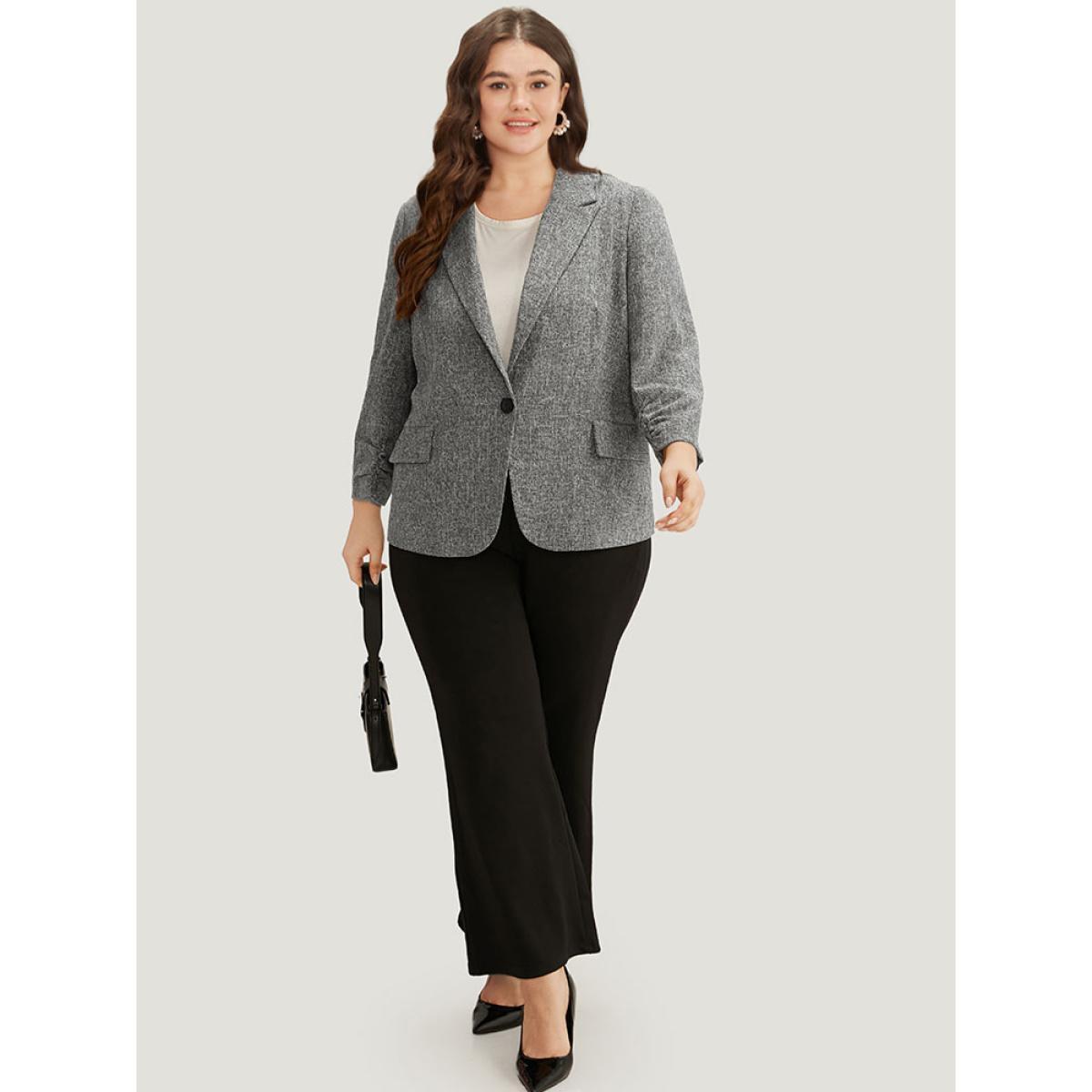 Plus Size Coarse Tweed Ruched Cuffs Flap Pocket Blazer DimGray Women Work Plain Texture Sleeve Long Sleeve Suit Collar 26/4X At the Office Blazers BloomChic Product Image