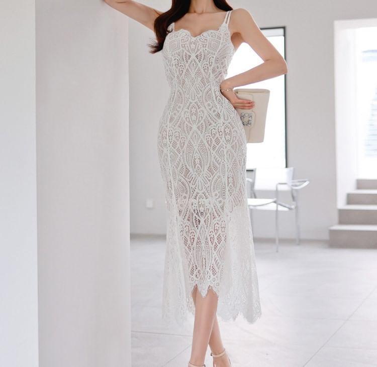 Spaghetti Strap Lace Midi Sheath Dress Product Image